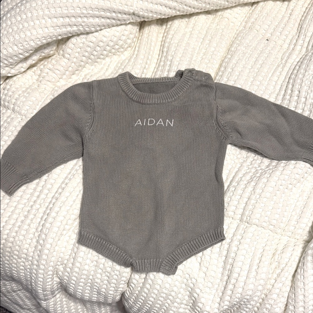Caden Lane Gray Knit Baby Romper with “Aidan”